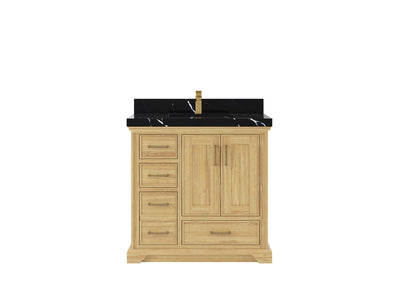 Charlotte Teak 36 in. W x 22 in. D Center Sink Bathroom Vanity in Light Natural with 2 in Calacatta Black Quartz Countertop