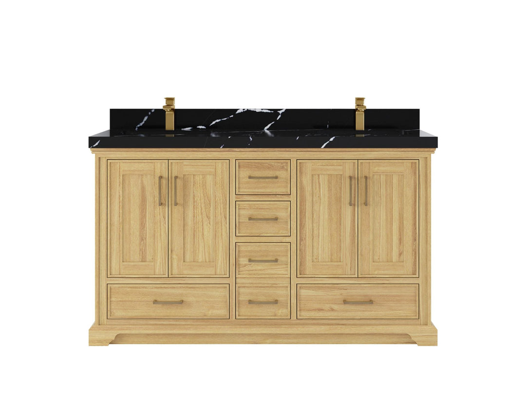 Charlotte Teak 60 in. W x 22 in. D Double Sink Bathroom Vanity in Light Natural with 2 in Calacatta Black Quartz Countertop