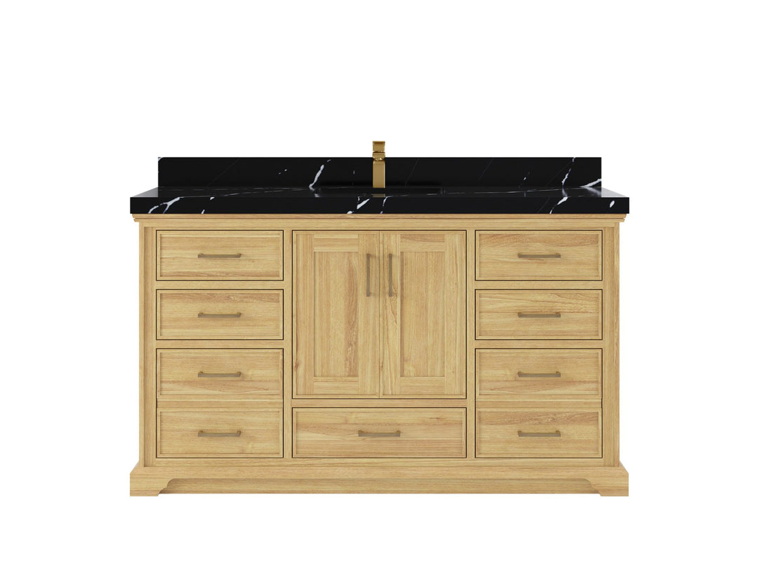 Charlotte Teak 60 in. W x 22 in. D Single Sink Bathroom Vanity in Light Natural with 2 in Calacatta Black Quartz Countertop