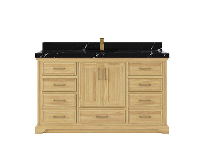 Charlotte Teak 60 in. W x 22 in. D Single Sink Bathroom Vanity in Light Natural with 2 in Calacatta Black Quartz Countertop
