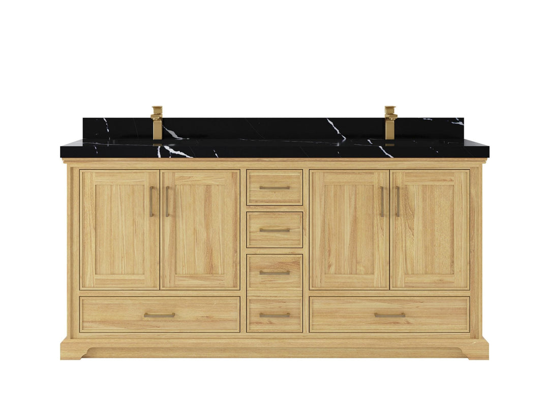 Charlotte Teak 72 in. W x 22 in. D Double Sink Bathroom Vanity in Light Natural with 2 in Calacatta Black Quartz Countertop