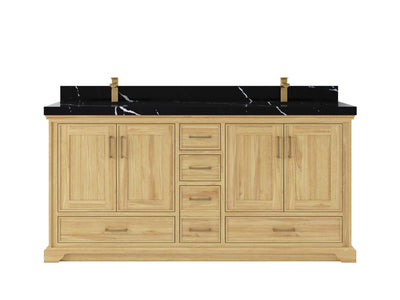 Charlotte Teak 72 in. W x 22 in. D Double Sink Bathroom Vanity in Light Natural with 2 in Calacatta Black Quartz Countertop