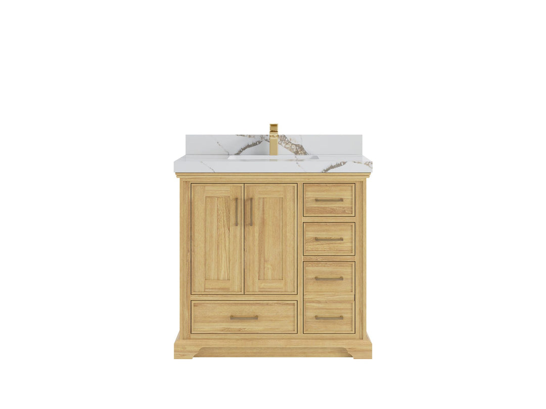 Charlotte Teak 36 in. W x 22 in. D Center Sink Bathroom Vanity in Light Natural with 2 in Calacatta Gold Quartz Countertop