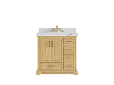 Charlotte Teak 36 in. W x 22 in. D Center Sink Bathroom Vanity in Light Natural with 2 in Calacatta Gold Quartz Countertop