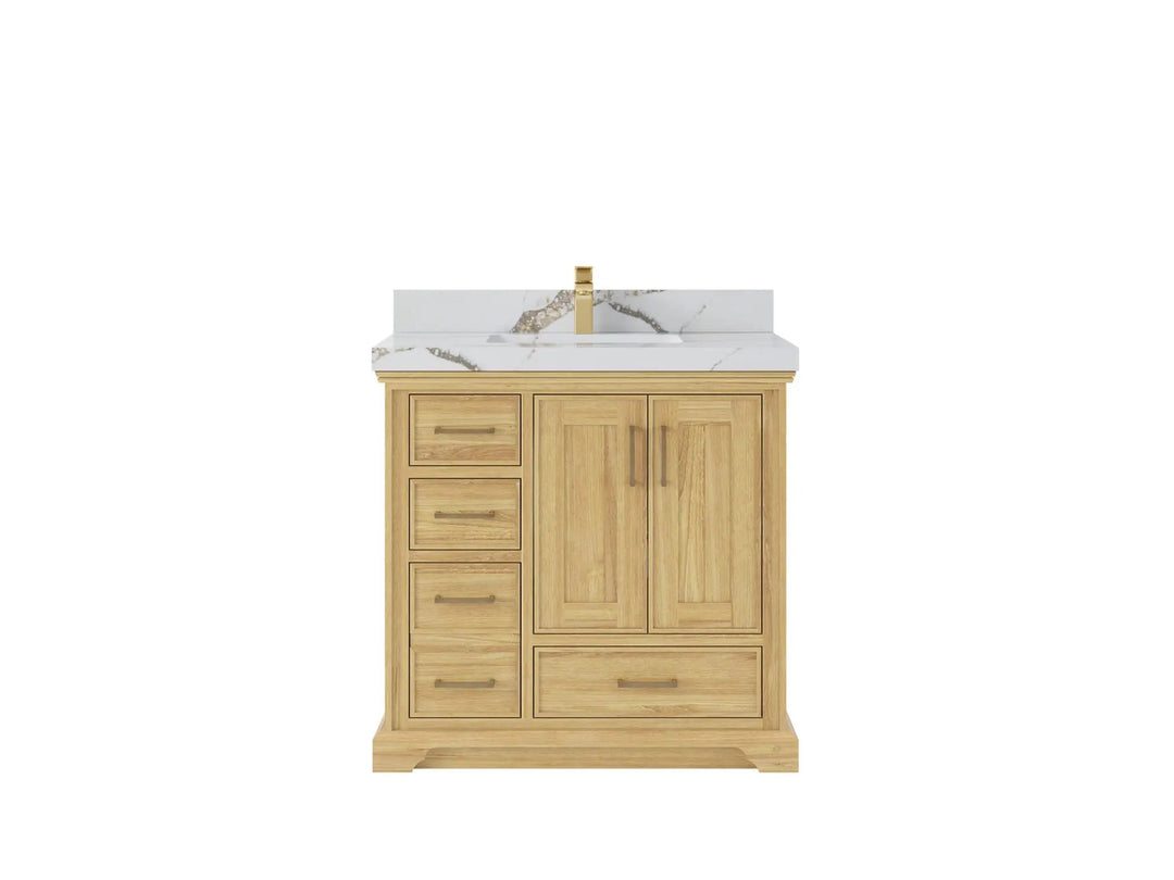 Charlotte Teak 36 in. W x 22 in. D Center Sink Bathroom Vanity in Light Natural with 2 in Calacatta Gold Quartz Countertop