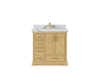 Charlotte Teak 36 in. W x 22 in. D Center Sink Bathroom Vanity in Light Natural with 2 in Calacatta Gold Quartz Countertop