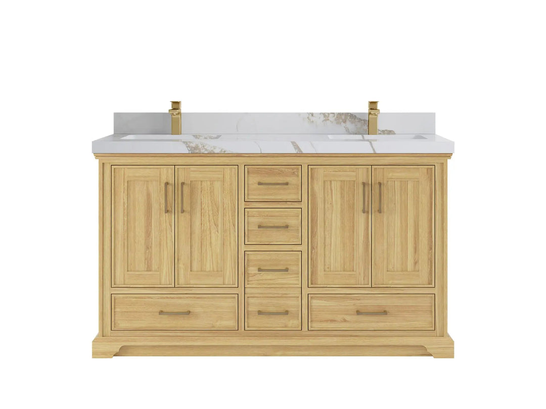 Charlotte Teak 60 in. W x 22 in. D Double Sink Bathroom Vanity in Light Natural with 2 in Calacatta Gold Quartz Countertop