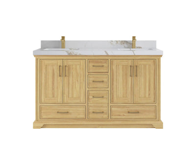 Charlotte Teak 60 in. W x 22 in. D Double Sink Bathroom Vanity in Light Natural with 2 in Calacatta Gold Quartz Countertop