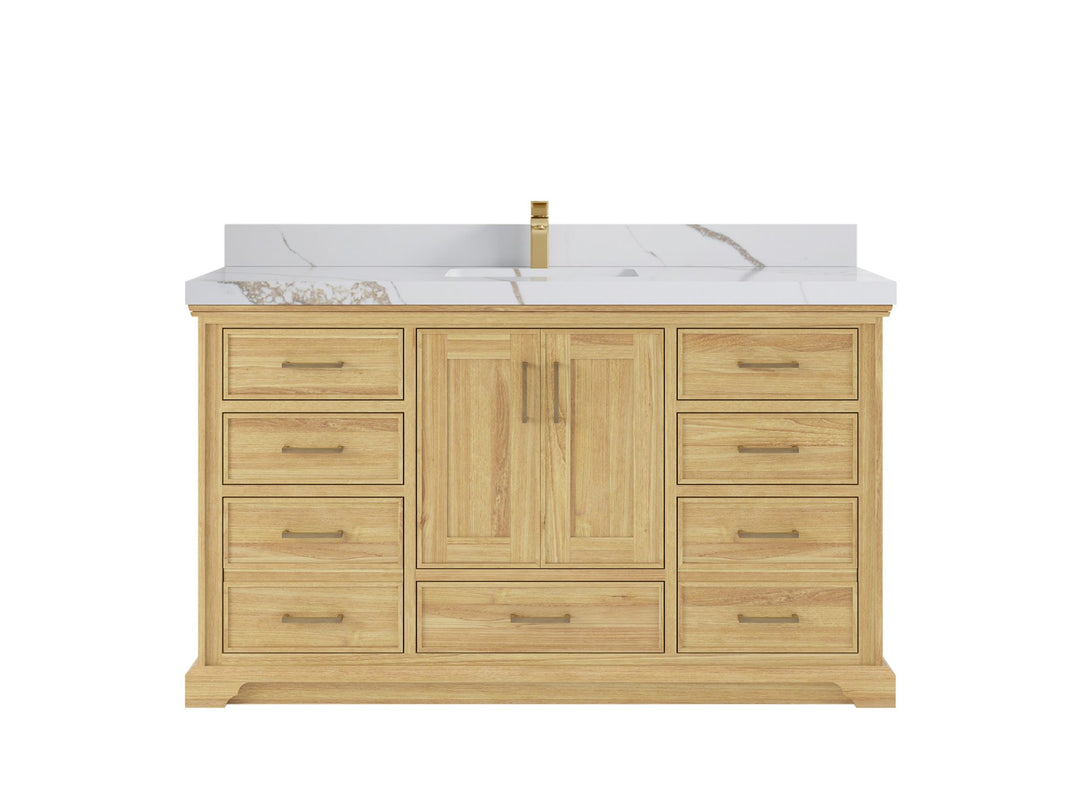 Charlotte Teak 60 in. W x 22 in. D Single Sink Bathroom Vanity in Light Natural with 2 in Calacatta Gold Quartz Countertop