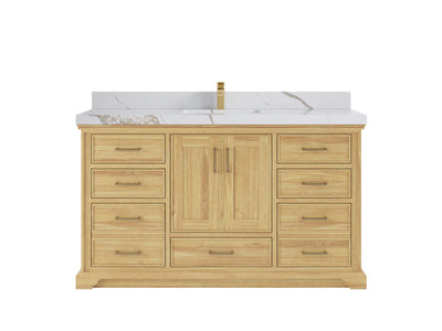 Charlotte Teak 60 in. W x 22 in. D Single Sink Bathroom Vanity in Light Natural with 2 in Calacatta Gold Quartz Countertop