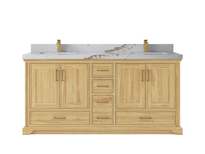 Charlotte Teak 72 in. W x 22 in. D Double Sink Bathroom Vanity in Light Natural with 2 in Calacatta Gold Quartz Countertop