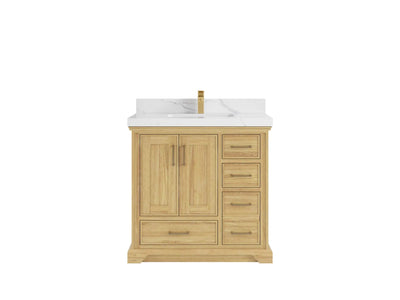 Charlotte Teak 36 in. W x 22 in. D Center Sink Bathroom Vanity in Light Natural with 2 in Calacatta Laza Quartz Countertop
