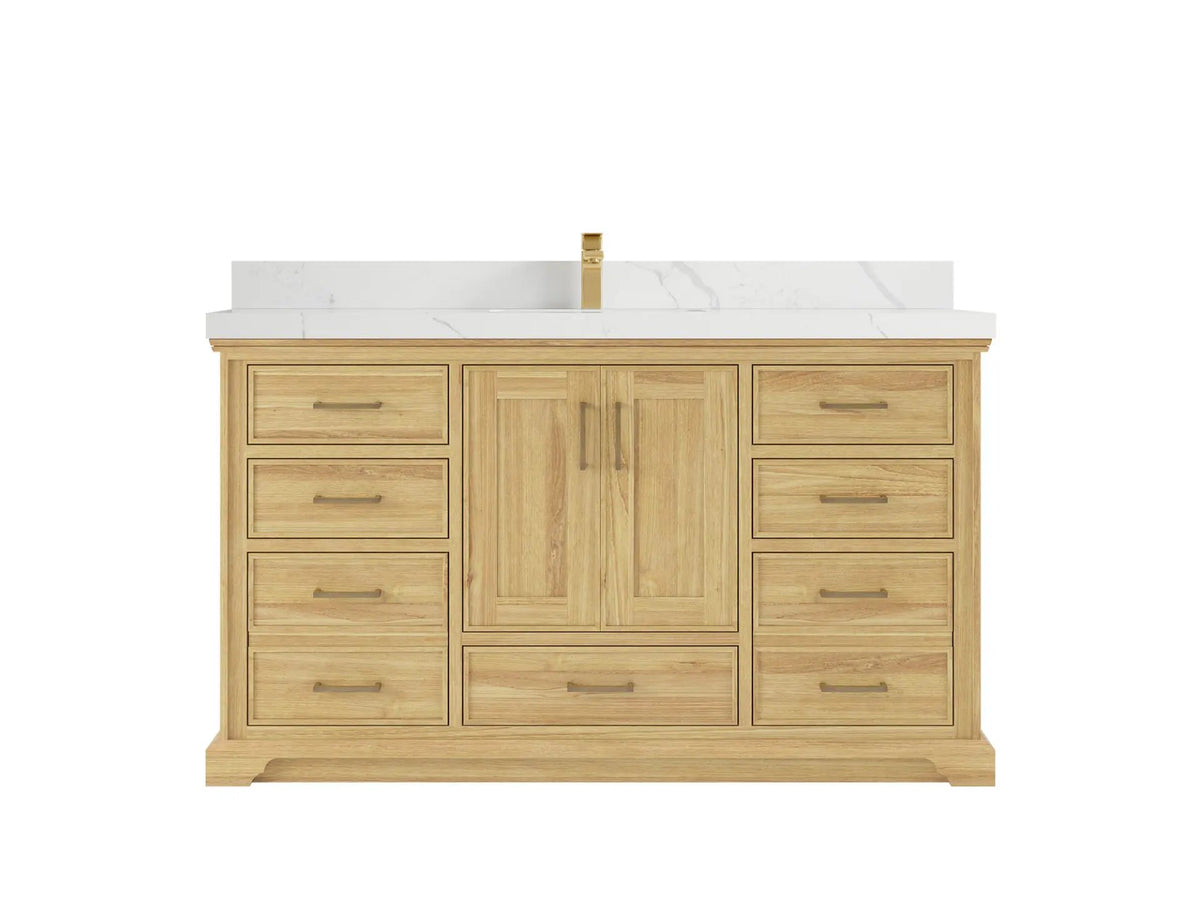 Charlotte Teak 60 in. W x 22 in. D Single Sink Bathroom Vanity in Light Natural with 2 in Calacatta Laza Quartz Countertop