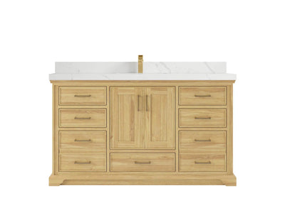 Charlotte Teak 60 in. W x 22 in. D Single Sink Bathroom Vanity in Light Natural with 2 in Calacatta Laza Quartz Countertop