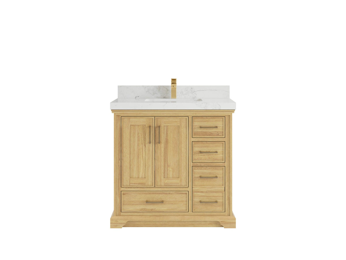 Charlotte Teak 36 in. W x 22 in. D Center Sink Bathroom Vanity in Light Natural with 2 in Calacatta Nuvo Quartz Countertop