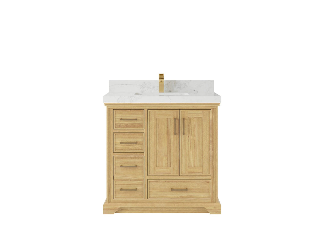 Charlotte Teak 36 in. W x 22 in. D Center Sink Bathroom Vanity in Light Natural with 2 in Calacatta Nuvo Quartz Countertop 