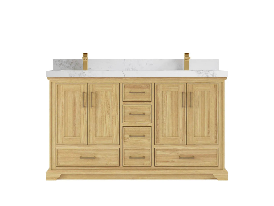 Charlotte Teak 60 in. W x 22 in. D Double Sink Bathroom Vanity in Light Natural with 2 in Calacatta Nuvo Quartz Countertop 