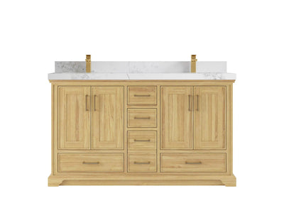 Charlotte Teak 60 in. W x 22 in. D Double Sink Bathroom Vanity in Light Natural with 2 in Calacatta Nuvo Quartz Countertop