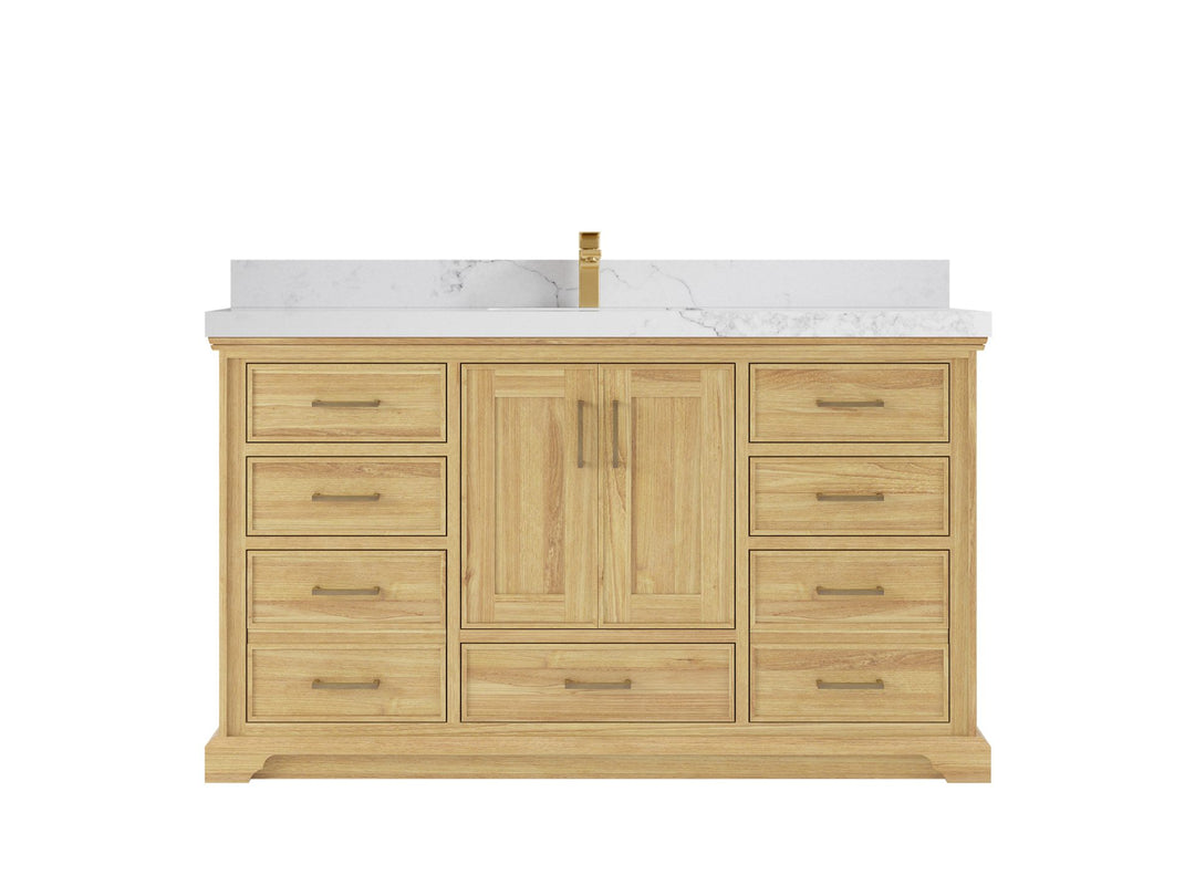 Charlotte Teak 60 in. W x 22 in. D Single Sink Bathroom Vanity in Light Natural with 2 in Calacatta Nuvo Quartz Countertop 