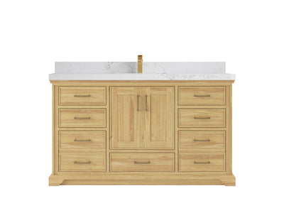 Charlotte Teak 60 in. W x 22 in. D Single Sink Bathroom Vanity in Light Natural with 2 in Calacatta Nuvo Quartz Countertop