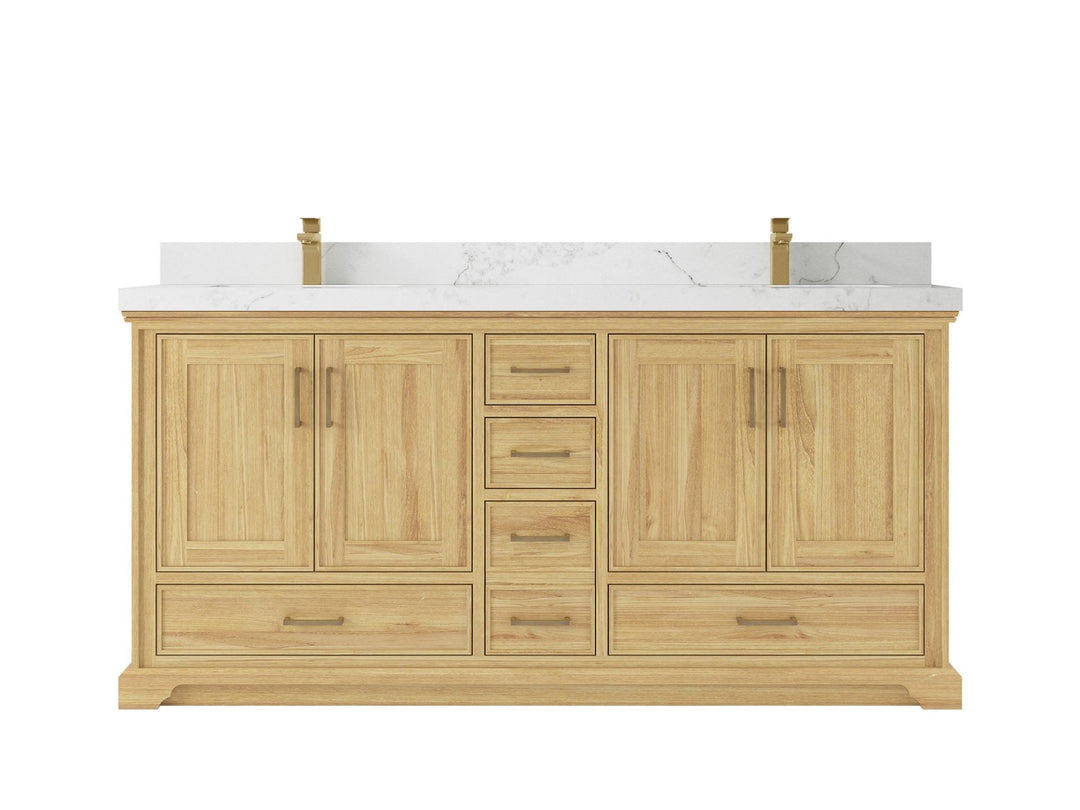 Charlotte Teak 72 in. W x 22 in. D Double Sink Bathroom Vanity in Light Natural with 2 in Calacatta Nuvo Quartz Countertop 