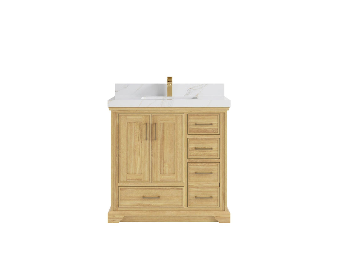 Charlotte Teak 36 in. W x 22 in. D Center Sink Bathroom Vanity in Light Natural with 2 in Calacatta Sienna Quartz Countertop