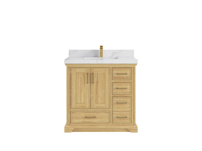 Charlotte Teak 36 in. W x 22 in. D Center Sink Bathroom Vanity in Light Natural with 2 in Calacatta Sienna Quartz Countertop