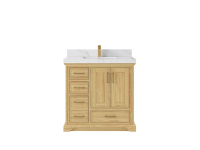 Charlotte Teak 36 in. W x 22 in. D Center Sink Bathroom Vanity in Light Natural with 2 in Calacatta Sienna Quartz Countertop