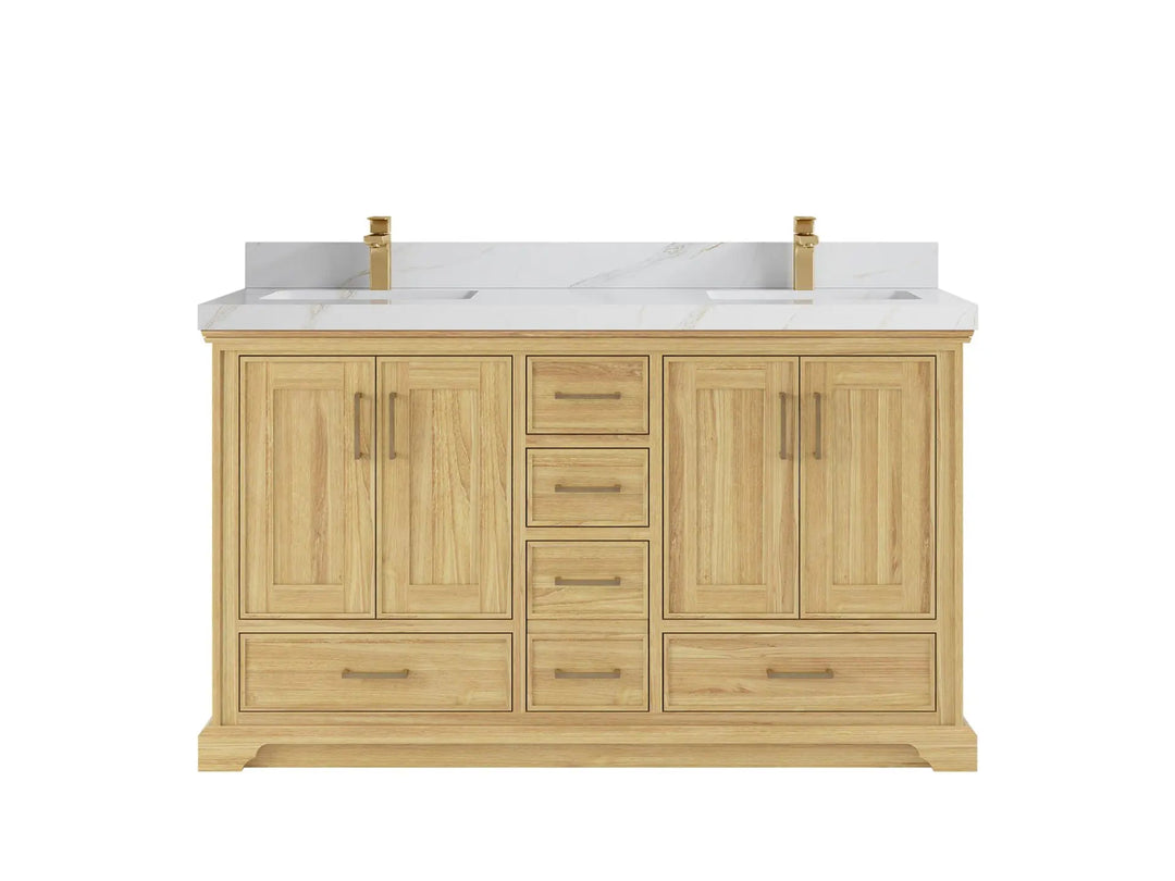 Charlotte Teak 60 in. W x 22 in. D Double Sink Bathroom Vanity in Light Natural with 2 in Calacatta Sienna Quartz Countertop