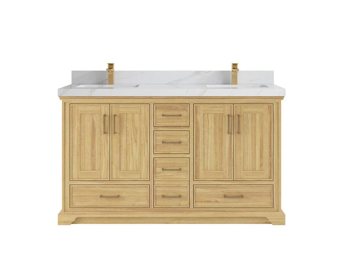 Charlotte Teak 60 in. W x 22 in. D Double Sink Bathroom Vanity in Light Natural with 2 in Calacatta Sienna Quartz Countertop