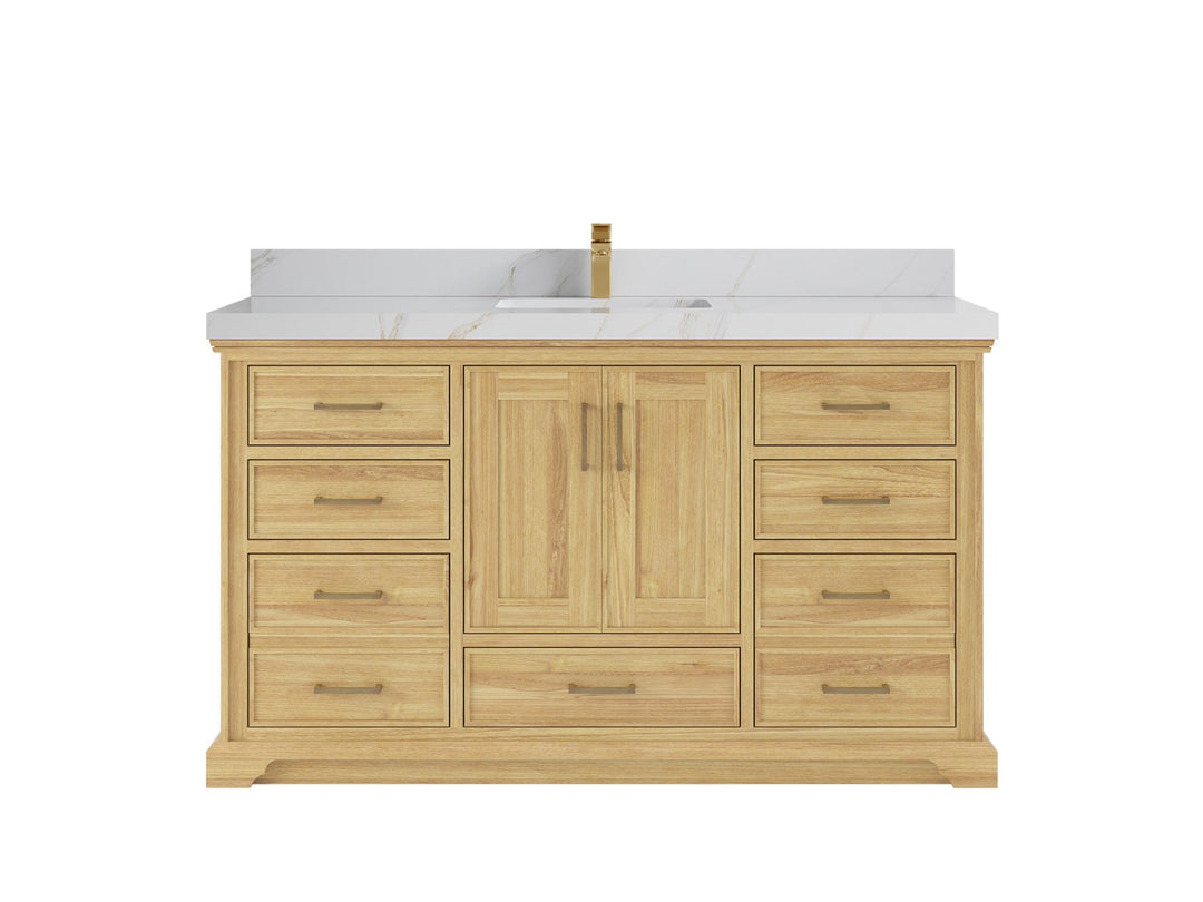 Charlotte Teak 60 in. W x 22 in. D Single Sink Bathroom Vanity in Light Natural with 2 in Calacatta Sienna Quartz Countertop