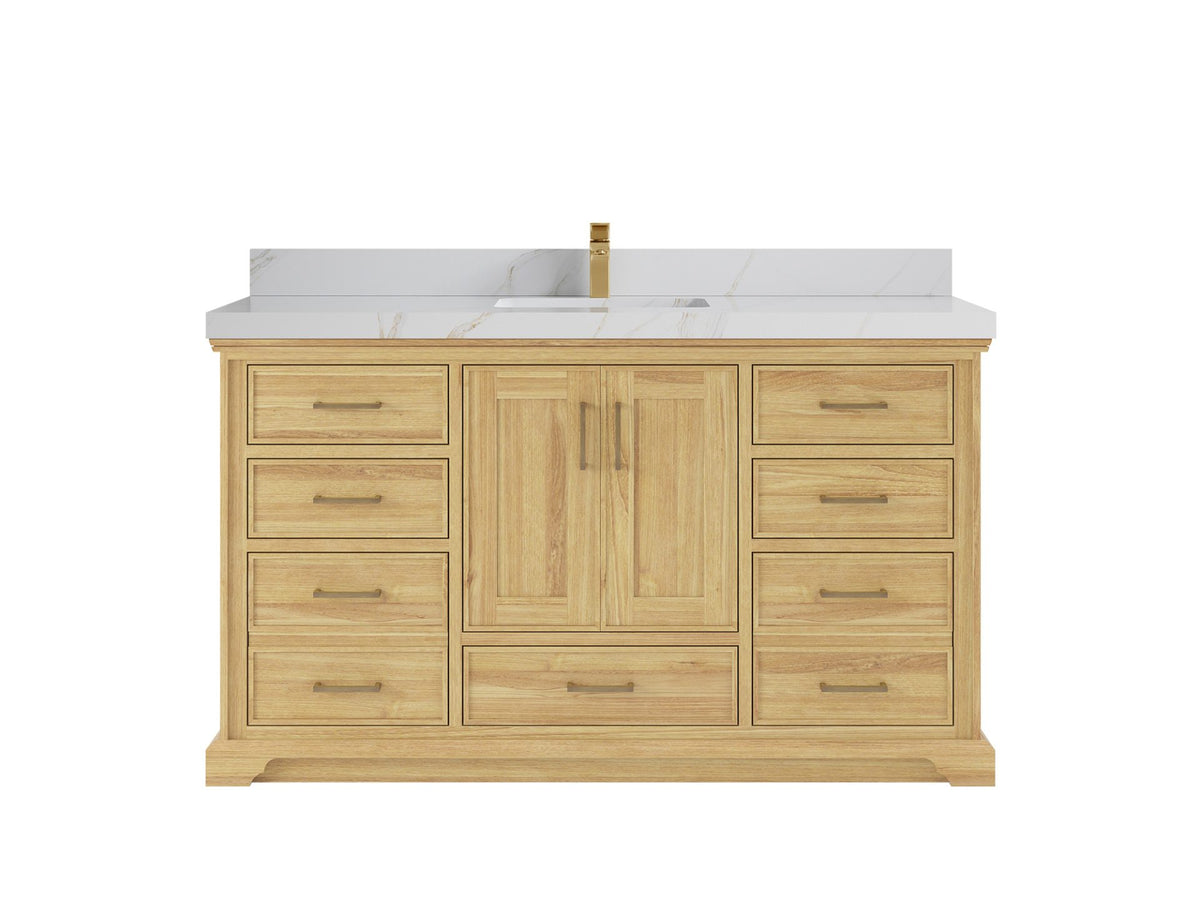 Charlotte Teak 60 in. W x 22 in. D Single Sink Bathroom Vanity in Light Natural with 2 in Calacatta Sienna Quartz Countertop