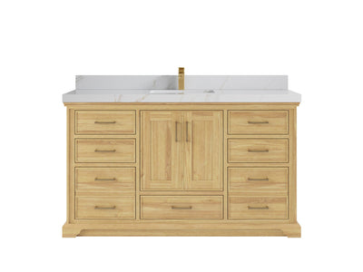Charlotte Teak 60 in. W x 22 in. D Single Sink Bathroom Vanity in Light Natural with 2 in Calacatta Sienna Quartz Countertop