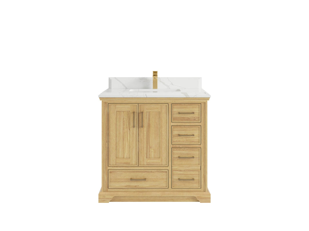 Charlotte Teak 36 in. W x 22 in. D Center Sink Bathroom Vanity in Light Natural with 1.5 in Calacatta Laza Quartz Countertop