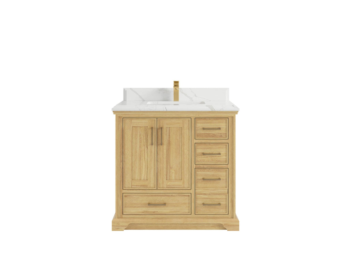 Charlotte Teak 36 in. W x 22 in. D Center Sink Bathroom Vanity in Light Natural with 1.5 in Calacatta Laza Quartz Countertop