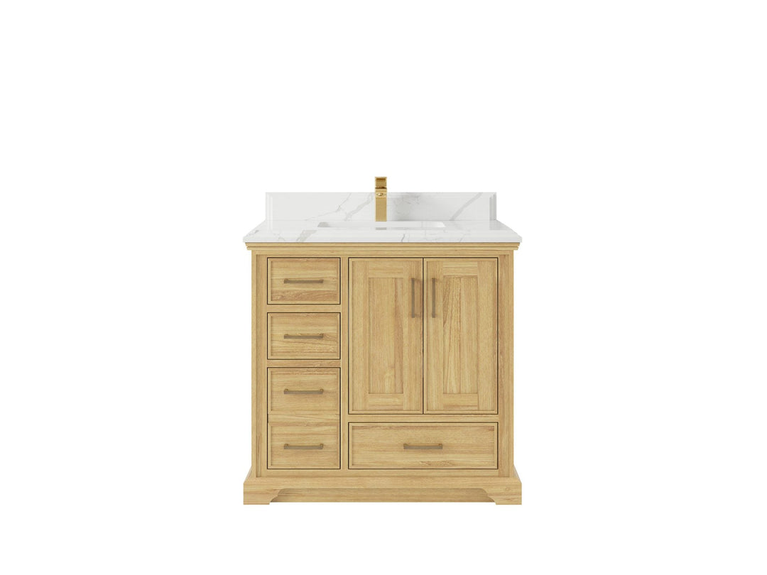 Charlotte Teak 36 in. W x 22 in. D Center Sink Bathroom Vanity in Light Natural with 1.5 in Calacatta Laza Quartz Countertop