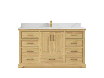 Charlotte Teak 60 in. W x 22 in. D Single Sink Bathroom Vanity in Light Natural with 1.5 in Calacatta Laza Quartz Countertop
