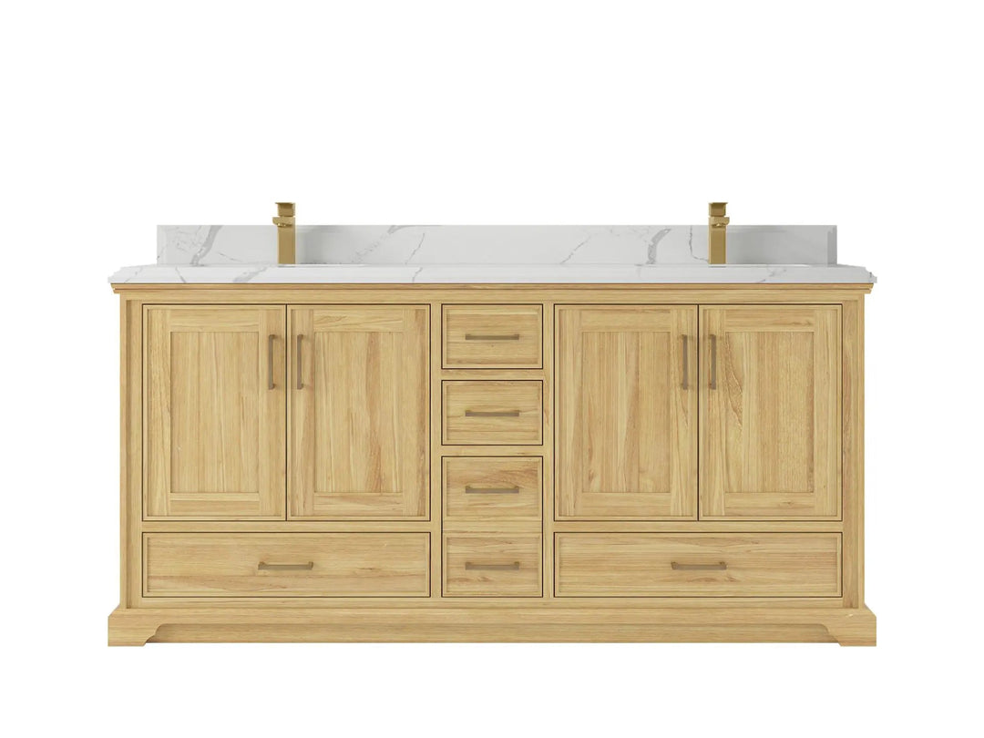 Charlotte Teak 72 in. W x 22 in. D Double Sink Bathroom Vanity in Light Natural with 1.5 in Calacatta Laza Quartz Countertop