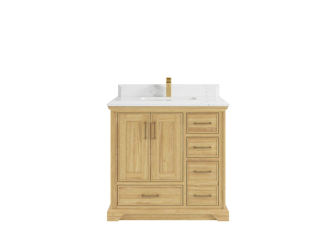 Charlotte Teak 36 in. W x 22 in. D Center Sink Bathroom Vanity in Light Natural with 1.5 in Empira White Quartz Countertop 