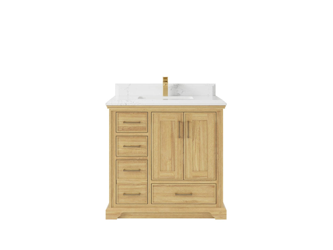 Charlotte Teak 36 in. W x 22 in. D Center Sink Bathroom Vanity in Light Natural with 1.5 in Empira White Quartz Countertop 