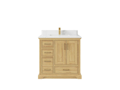 Charlotte Teak 36 in. W x 22 in. D Center Sink Bathroom Vanity in Light Natural with 1.5 in Empira White Quartz Countertop
