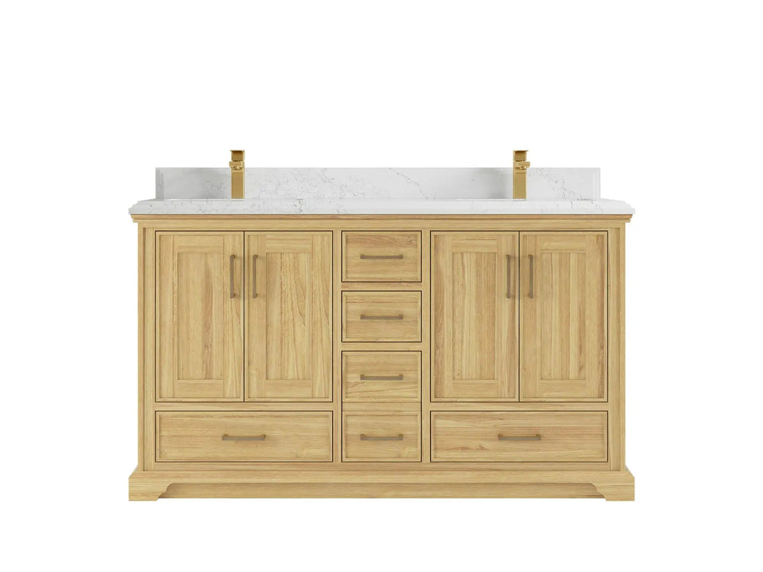 Charlotte Teak 60 in. W x 22 in. D Double Sink Bathroom Vanity in Light Natural with 1.5 in Empira White Quartz Countertop 