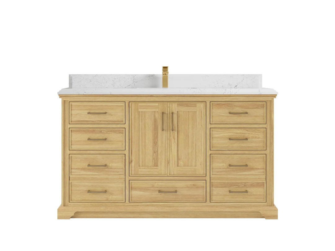 Charlotte Teak 60 in. W x 22 in. D Single Sink Bathroom Vanity in Light Natural with 1.5 in Empira White Quartz Countertop 