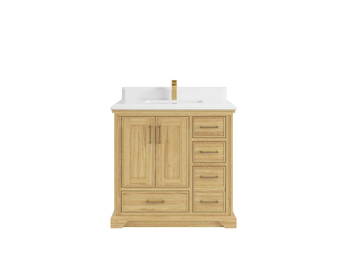 Charlotte Teak 36 in. W x 22 in. D Center Sink Bathroom Vanity in Light Natural with 1.5 in White Quartz Countertop