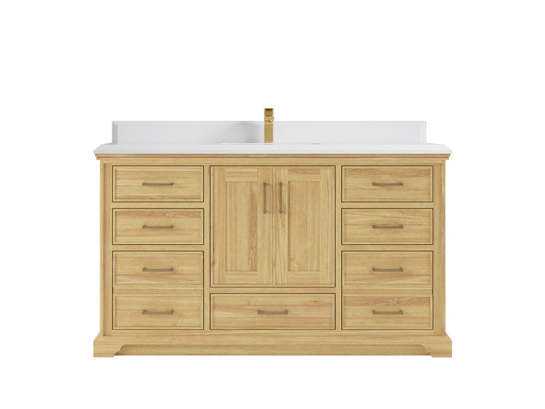 Charlotte Teak 60 in. W x 22 in. D Single Sink Bathroom Vanity in Light Natural with 1.5 in White Quartz Countertop