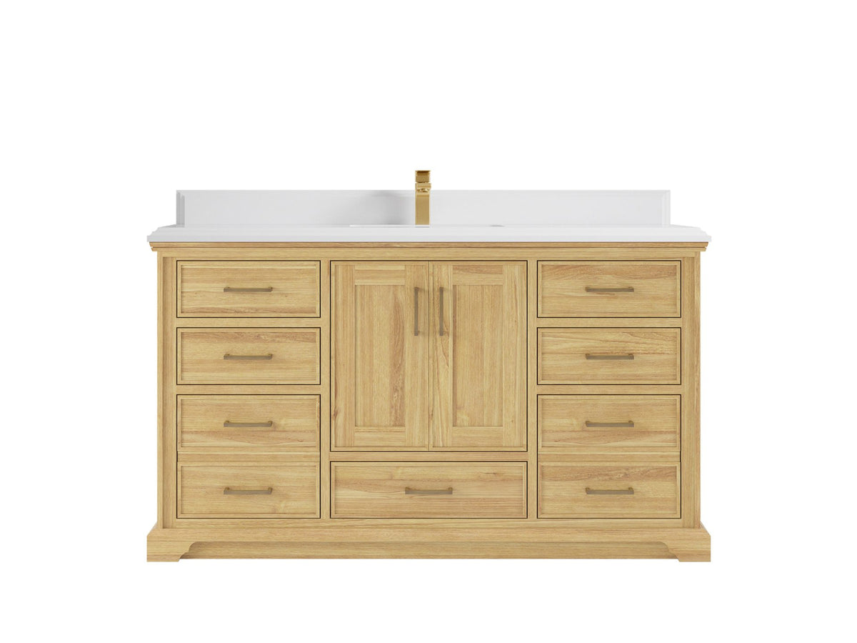 Charlotte Teak 60 in. W x 22 in. D Single Sink Bathroom Vanity in Light Natural with 1.5 in White Quartz Countertop
