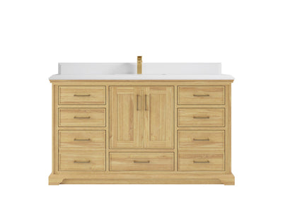 Charlotte Teak 60 in. W x 22 in. D Single Sink Bathroom Vanity in Light Natural with 1.5 in White Quartz Countertop