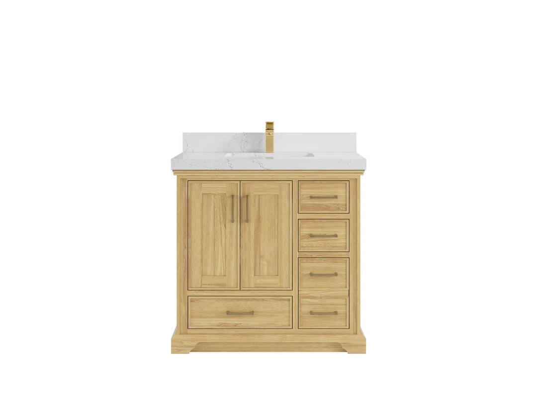 Charlotte Teak 36 in. W x 22 in. D Center Sink Bathroom Vanity in Light Natural with 2 in Empira White Quartz Countertop