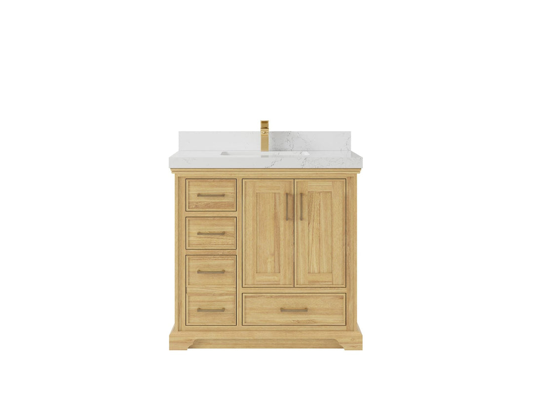 Charlotte Teak 36 in. W x 22 in. D Center Sink Bathroom Vanity in Light Natural with 2 in Empira White Quartz Countertop