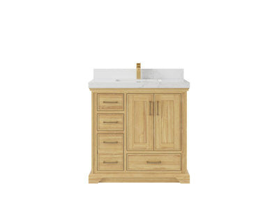 Charlotte Teak 36 in. W x 22 in. D Center Sink Bathroom Vanity in Light Natural with 2 in Empira White Quartz Countertop